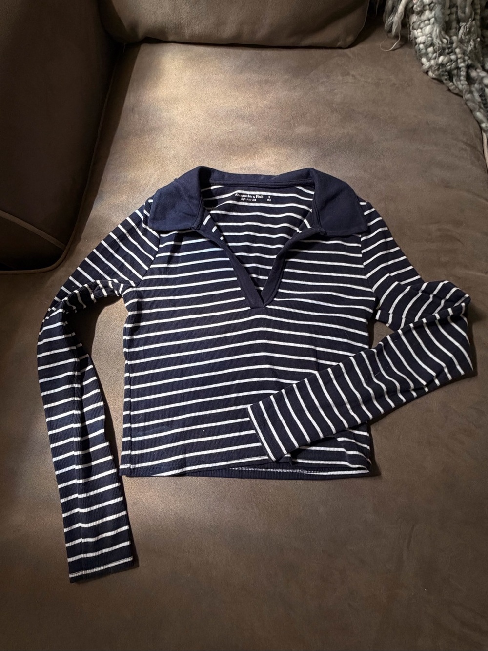 Abercrombie & Fitch Navy and White Striped Polo-Style Long Sleeve Top